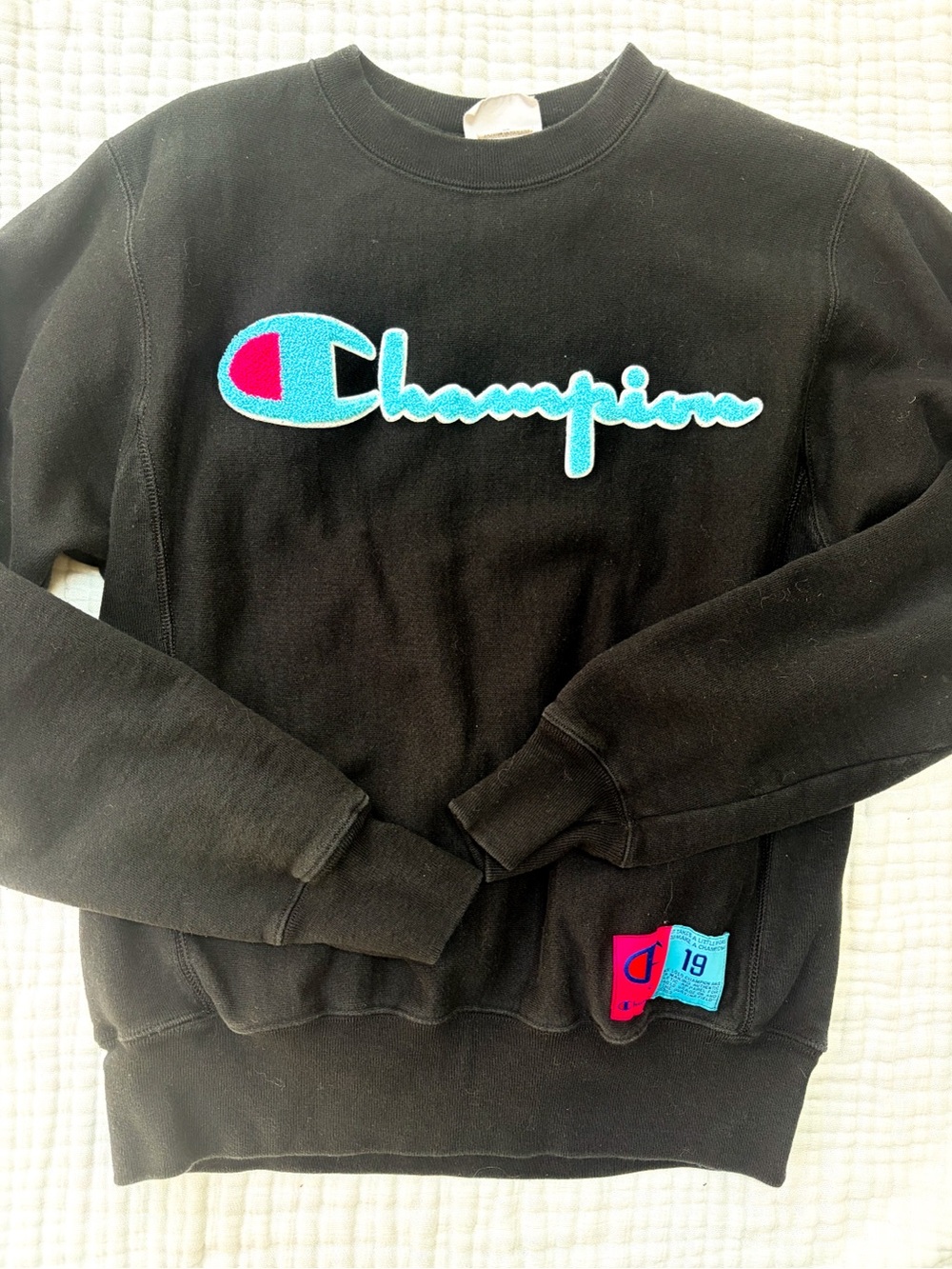 Champion Reverse Weave Sweatshirt Women’s Small Black Chenille Logo Y2K